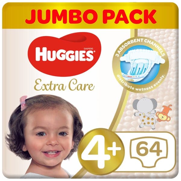 Huggies Extra Care Size 4+ (10-16 KG) 64 Diapers  